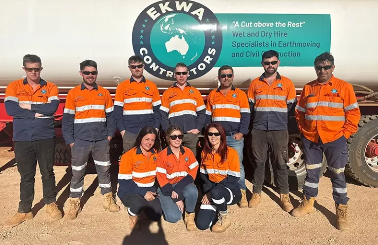 EKWA Contractors' team on site next to a water truck, ensuring efficient dust control and water delivery on earthmoving projects in Western Australia.