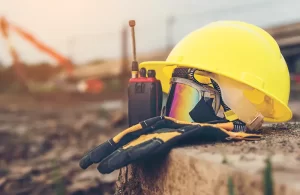 Mining site health and safety accessories, including helmet, gloves, walkie-talkie, and protective gear, ensuring compliance and operator safety on EKWA Contractors' WA projects.